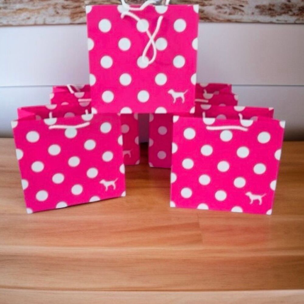 New 5 Victoria's Secret PINK Polka Dots 8”Hx8”Wx4.5”D Paper Gift Shopping Bags